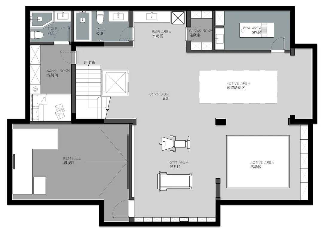 A modern residential interior floor plan showing the layout of a multi-functional living space with a bar area, cloak room, s