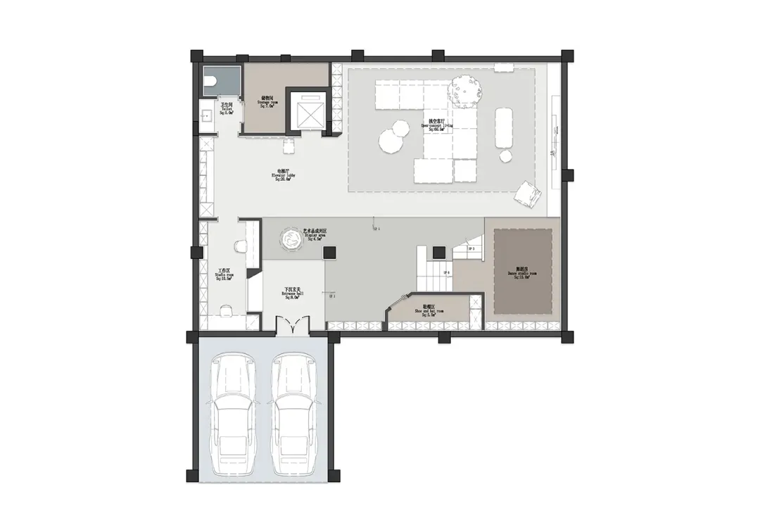2D architectural drawing of a modern residential house layout