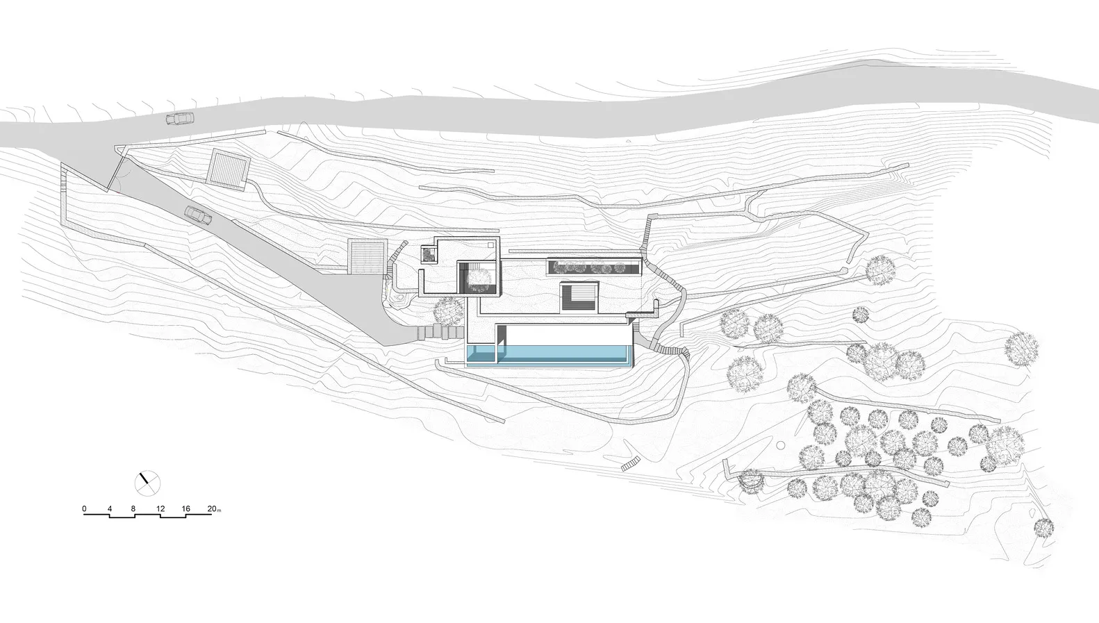 A minimalist architectural floor plan featuring a modern design with clean lines and open spaces.