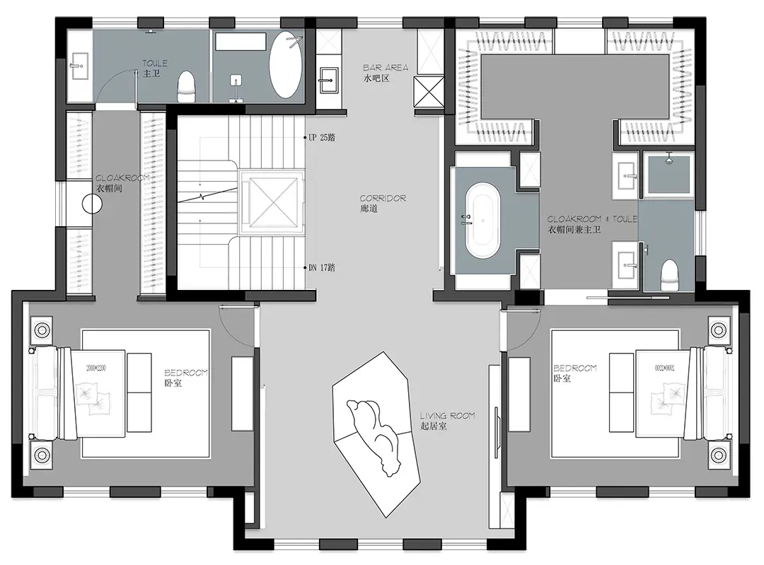 Modern residential layout with minimalist design, featuring grey tones and a contemporary floor plan.