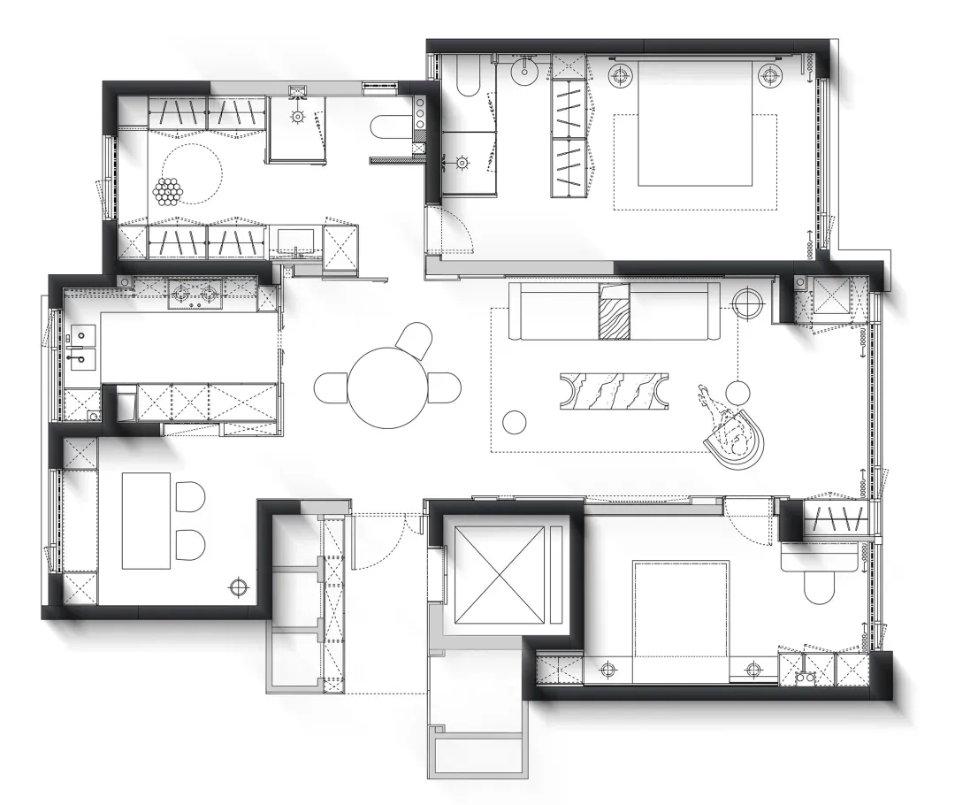 Floor plan of a modern residential interior featuring contemporary furniture and space-saving design.