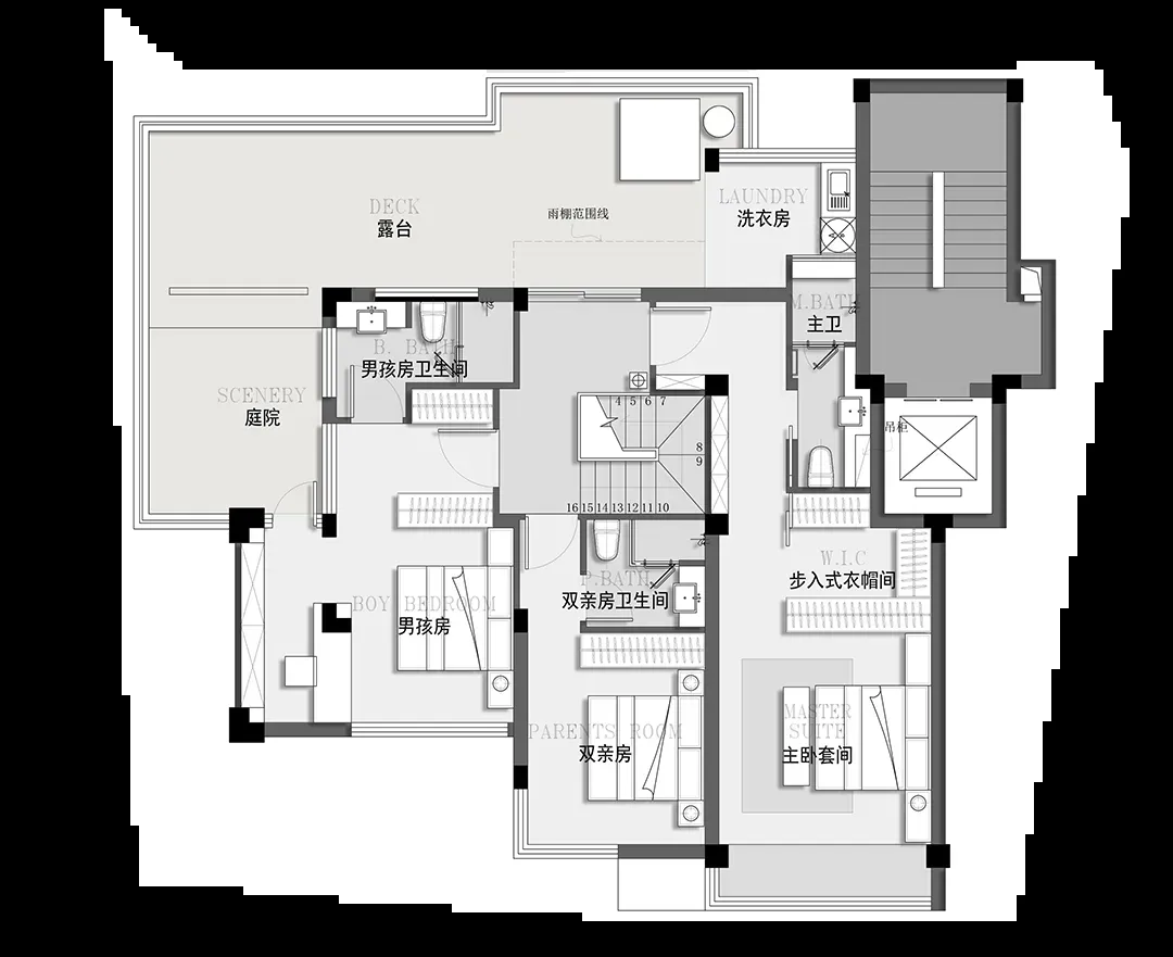 牧場風格住宅的平面圖,展示混凝土地板與瓷磚浴室