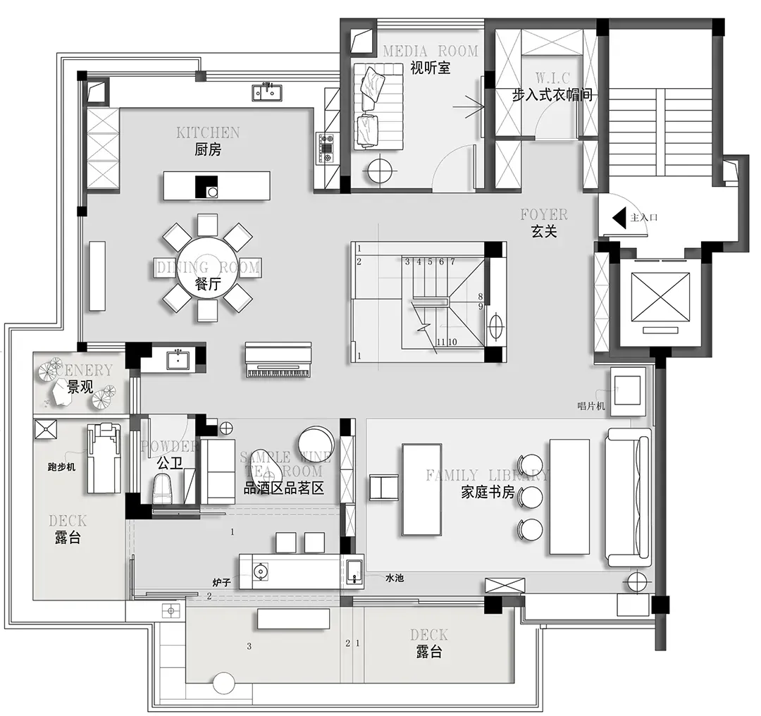 現代住宅平面圖,包含廚房、餐廳與客廳。