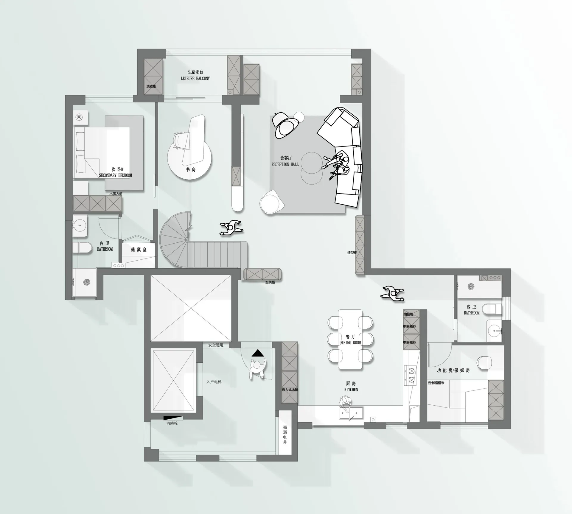 A modern living room floor plan featuring wooden furniture and a central staircase.