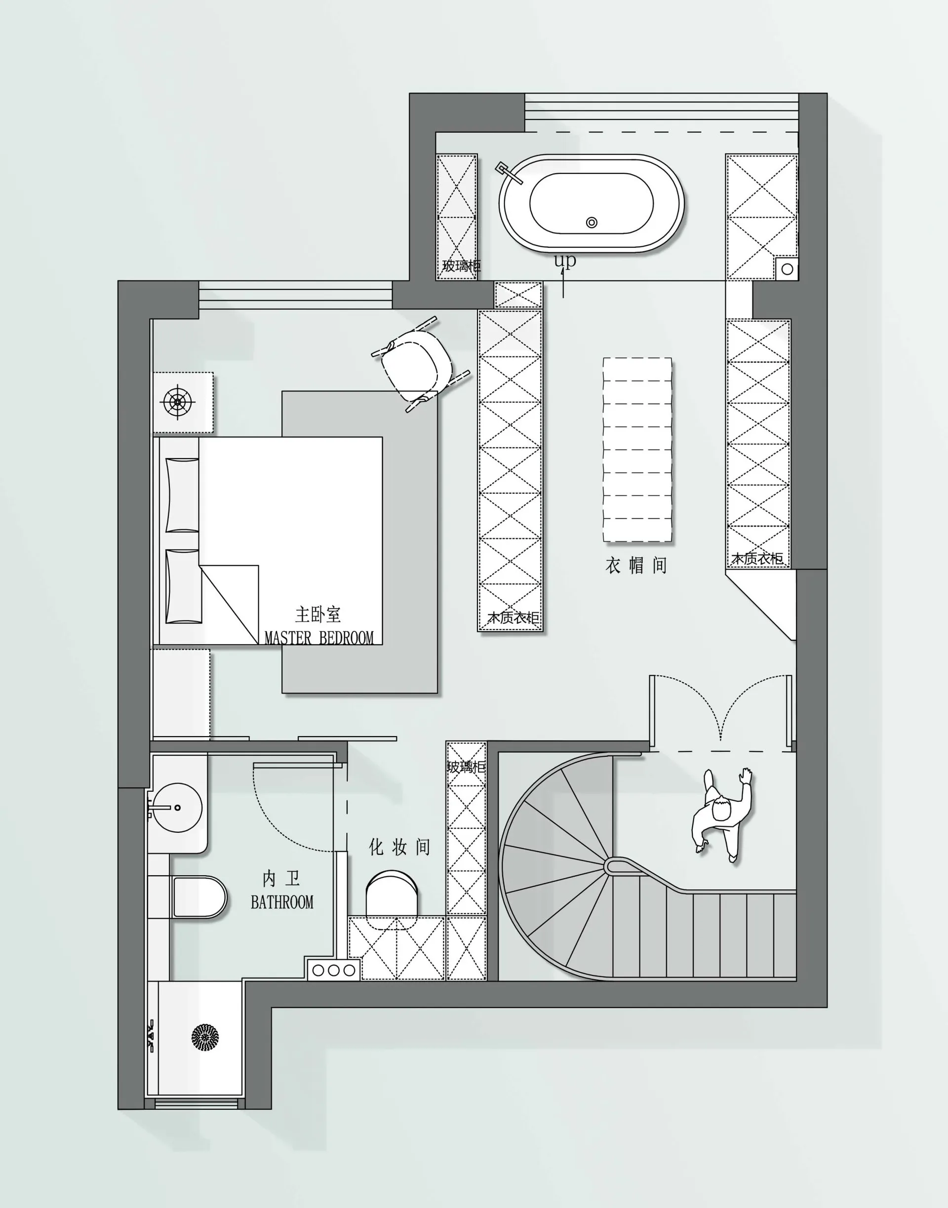 A detailed 2D architectural drawing of a modern residential space with a bedroom, bathroom, closet, and stairs.