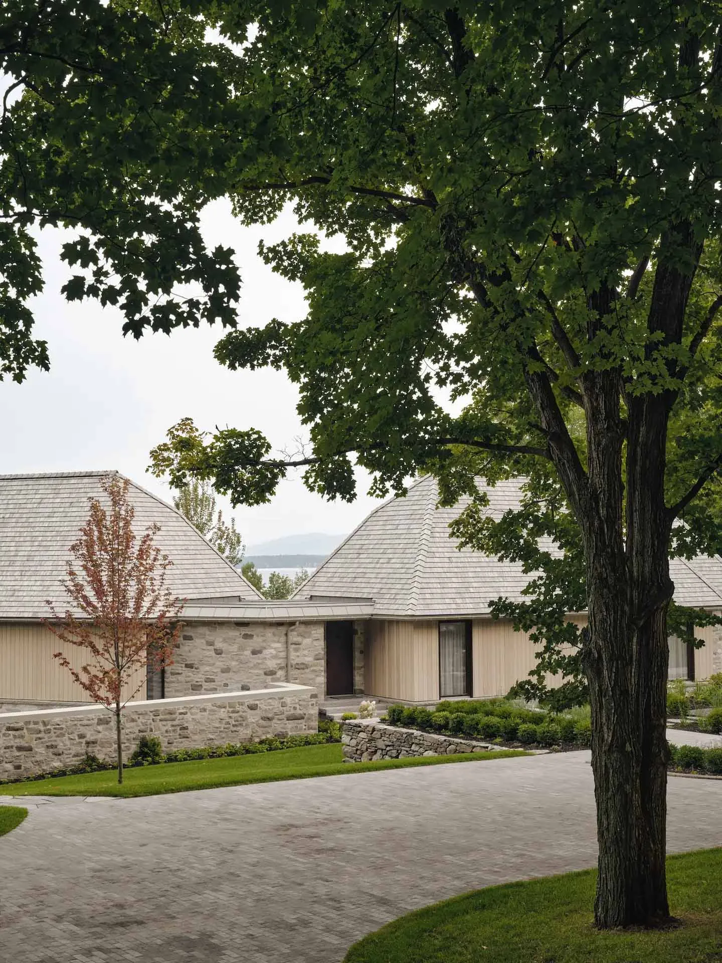 A modern residential space featuring wood accents and a paved driveway.