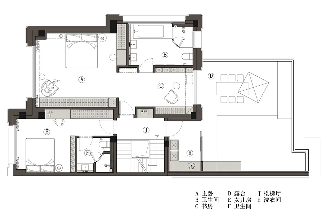 Floor plan of a minimalist residential house showing a living room, kitchen, dining area, bedrooms, bathrooms, and a staircas