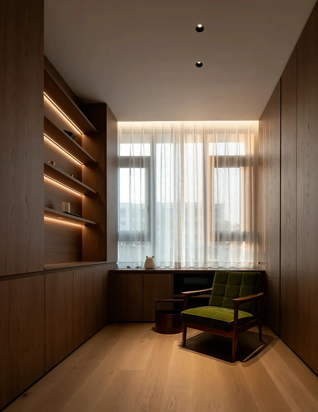 A minimalist living room with wooden elements and a green chair.
