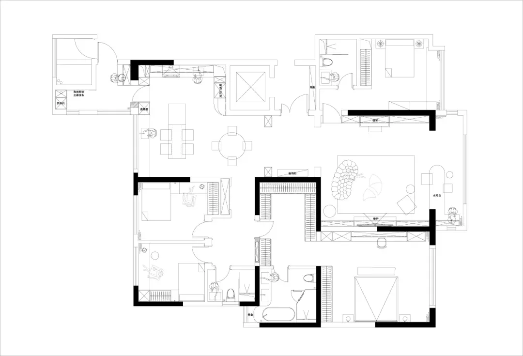 Modern apartment floor plan with open floor layout, kitchen, living room, bedrooms, and bathrooms.