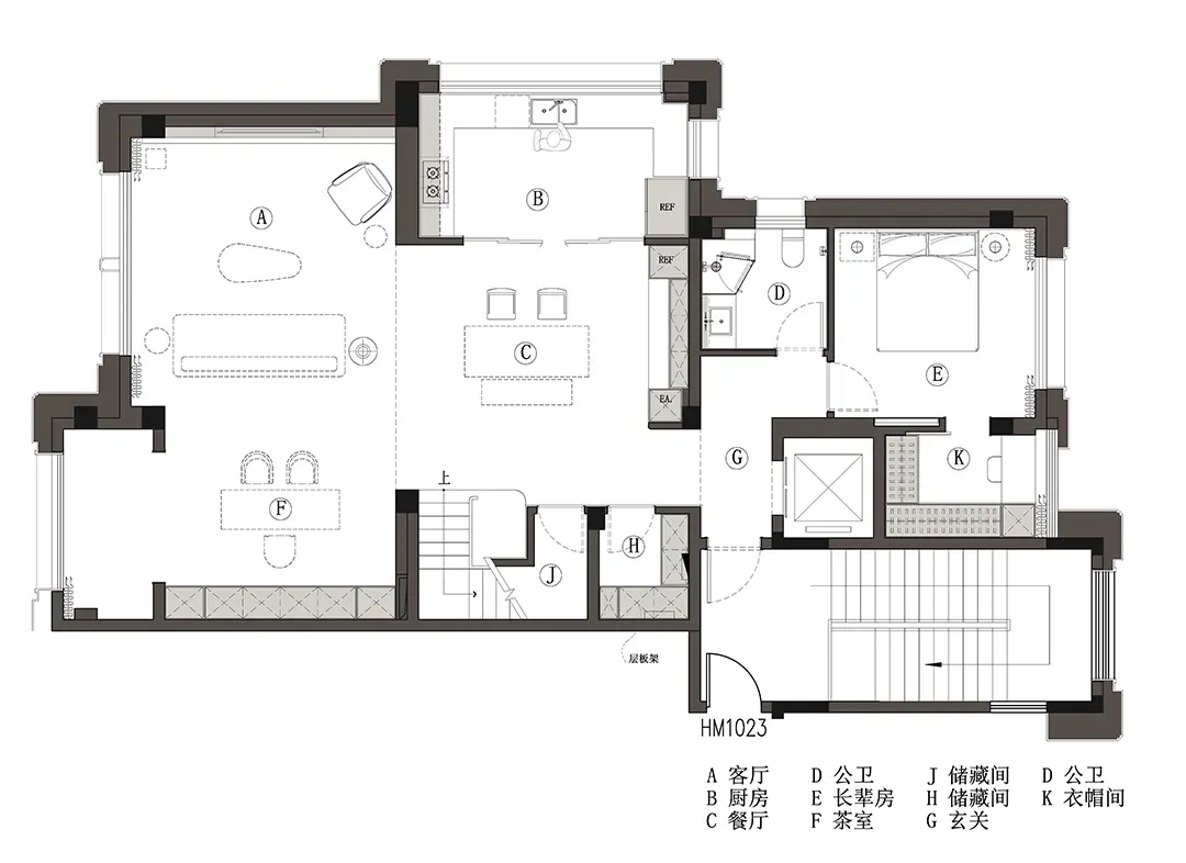 Floor plan of a modern residential home with detailed layout of rooms and spaces.