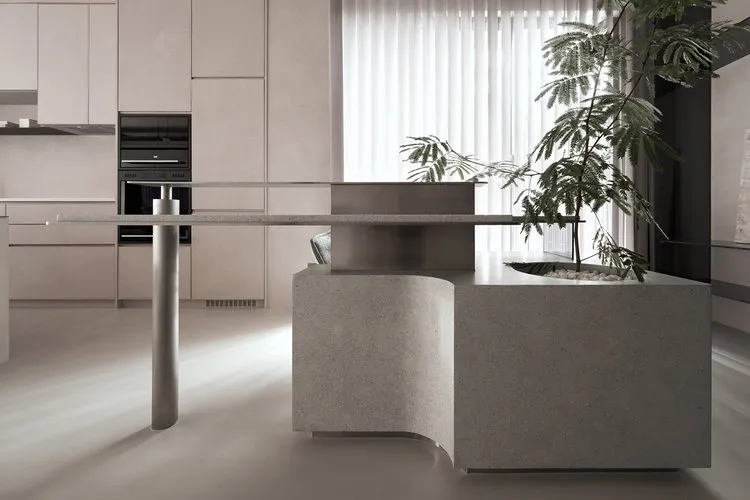 A modern kitchen with minimalist design featuring a concrete countertop and a large window.