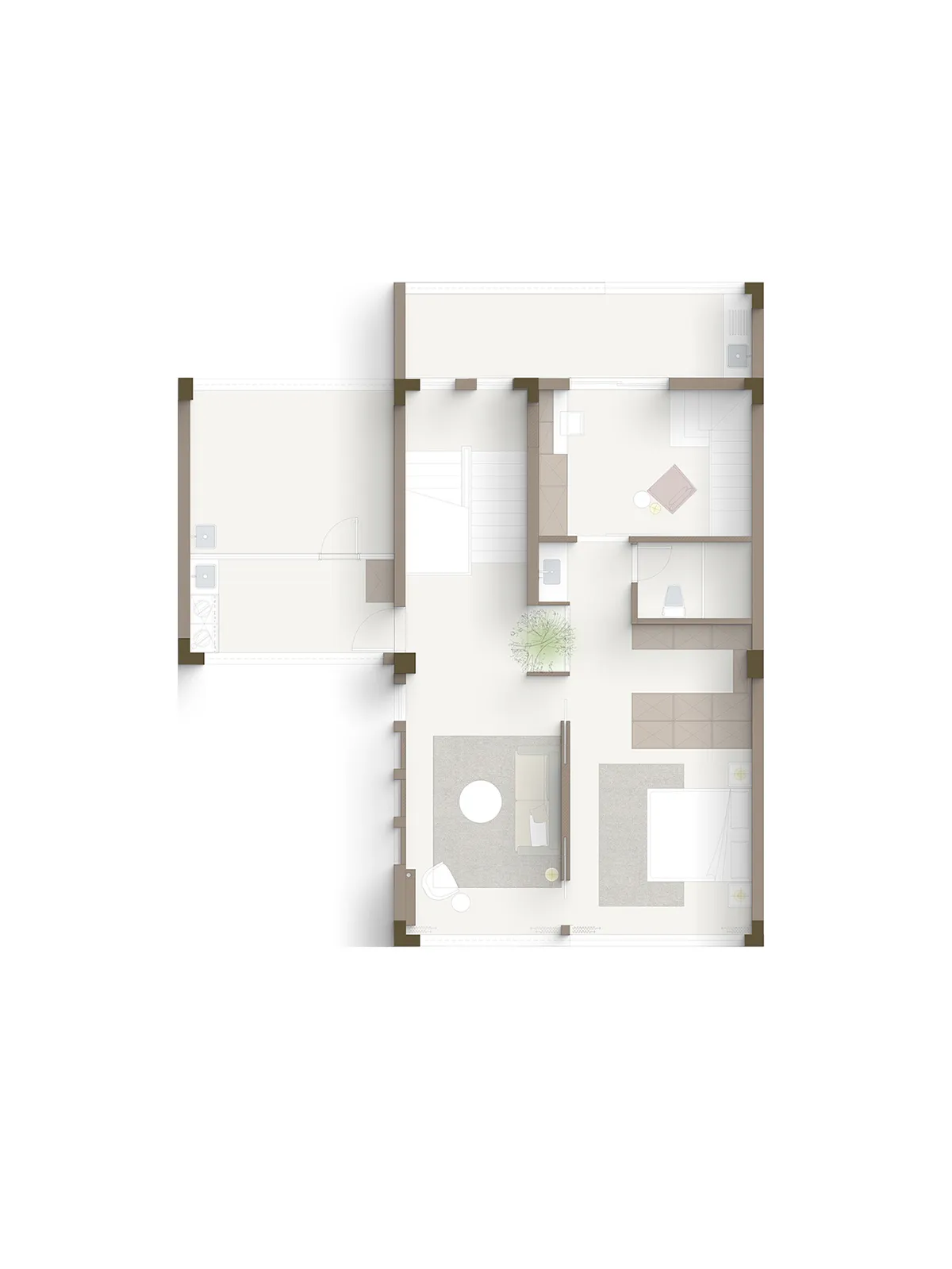 A floor plan of a residential space with neutral tones, showing living areas, bedrooms, and bathrooms.