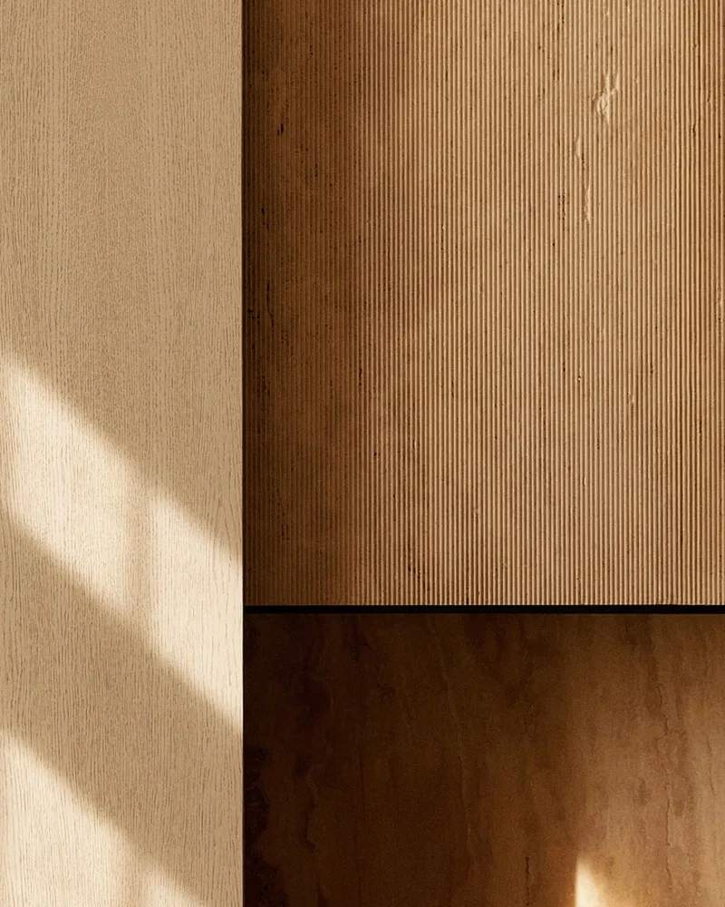 A minimalist interior featuring wooden paneling.