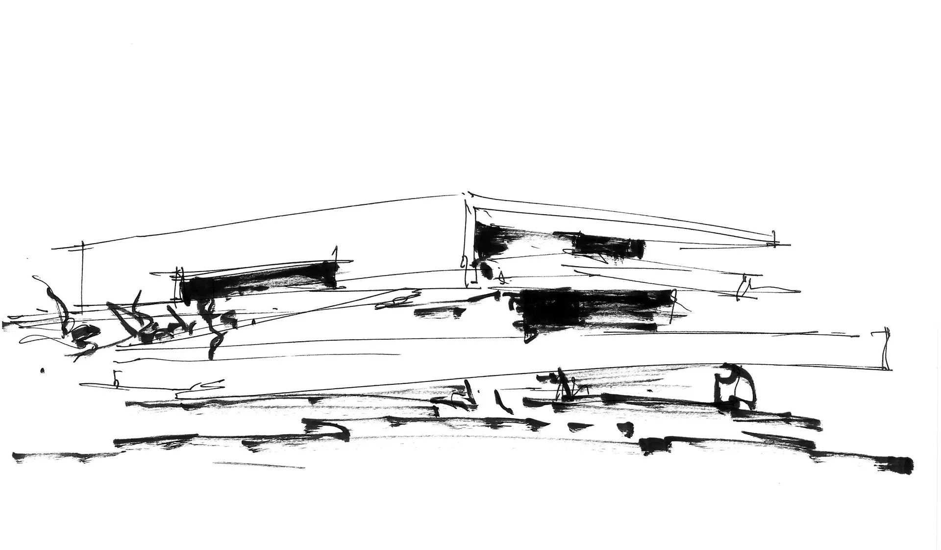 A modern architecture sketch created with black ink on a white background.