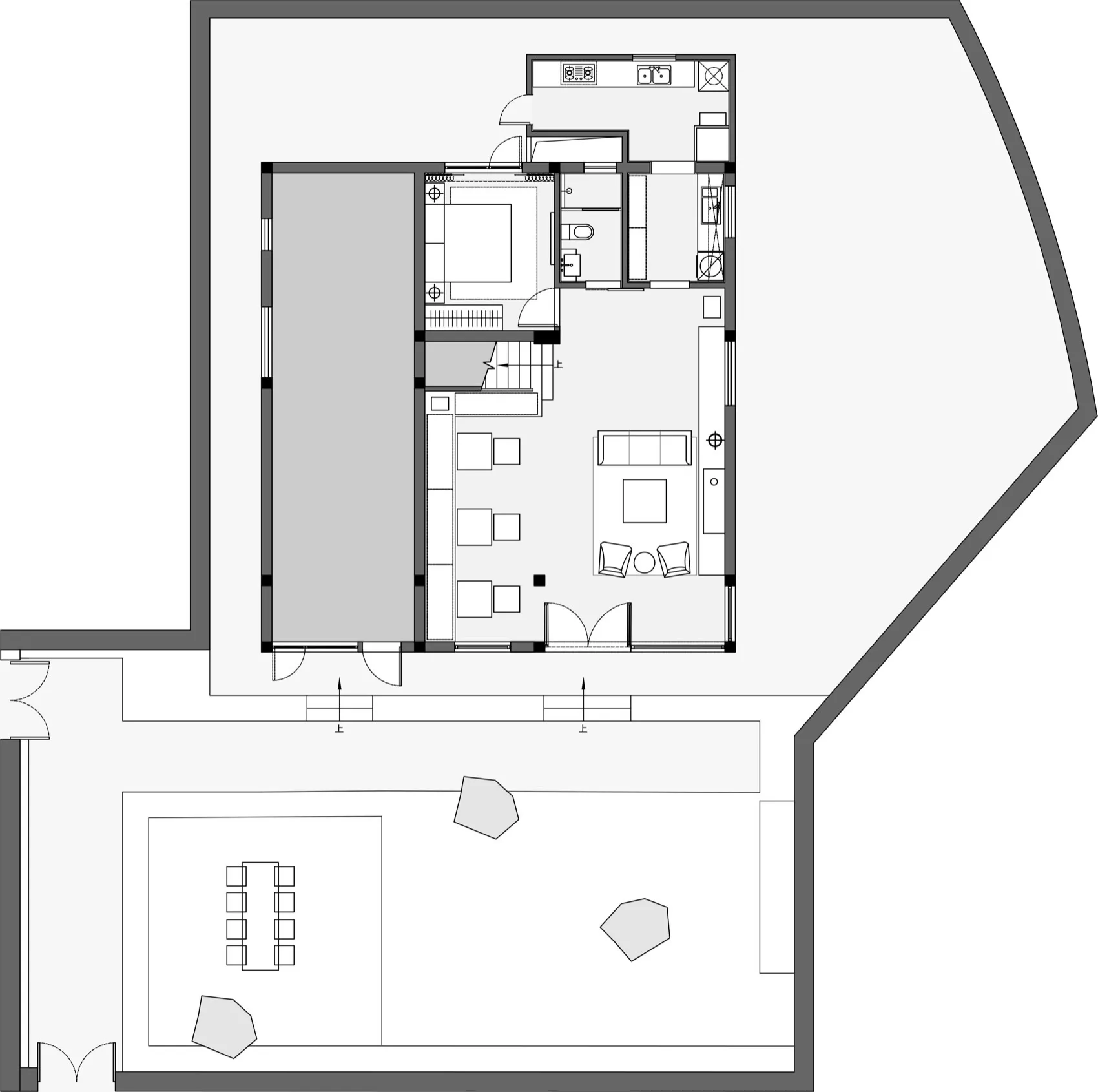 現代住宅平面圖，展示客廳、廚房、臥室與衛浴空間。