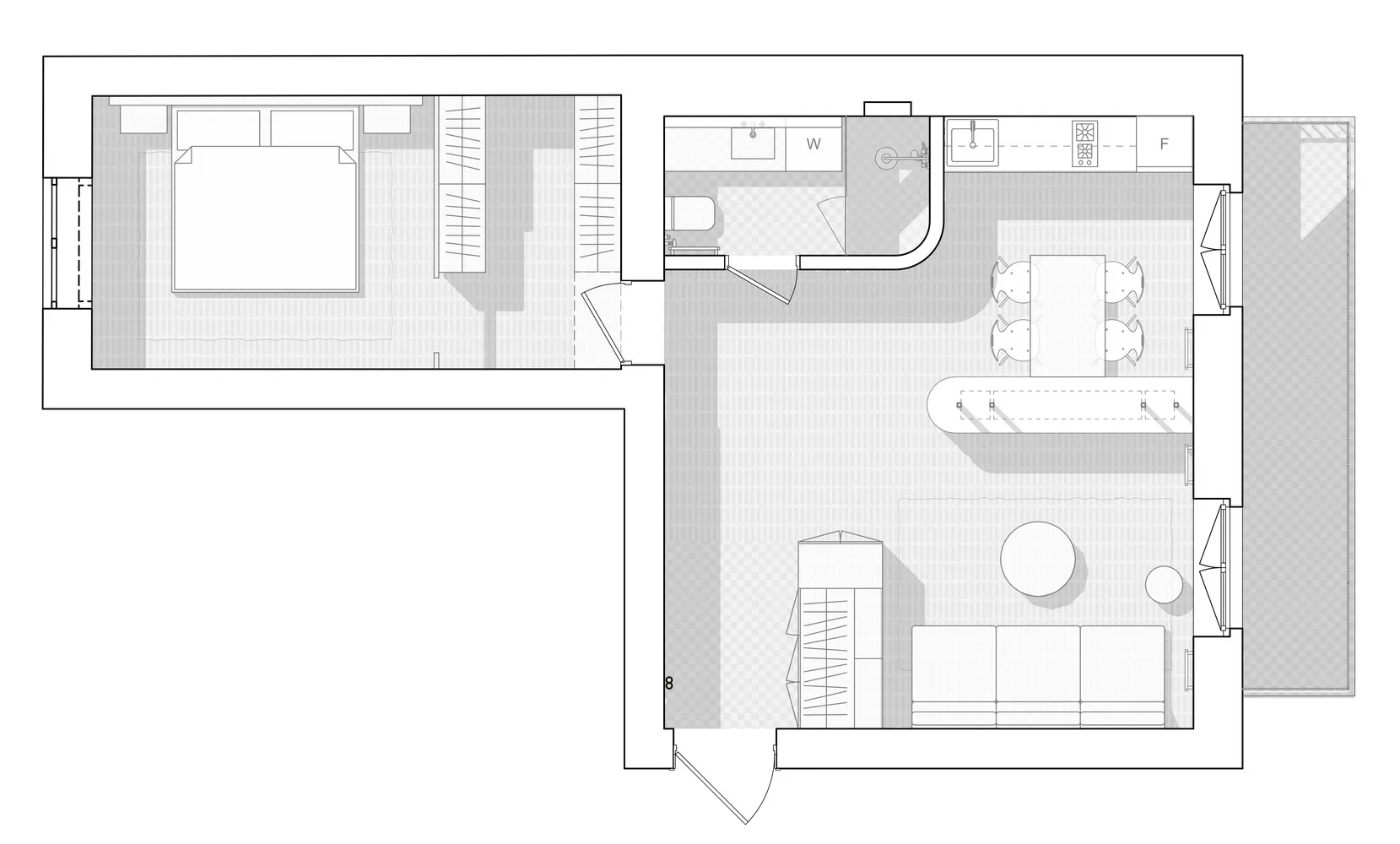 Floor plan of a minimalist apartment with a bedroom, bathroom, and living area.