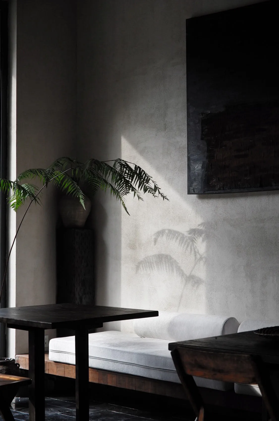 A minimalist living room featuring concrete furniture and flooring, with a large window and a plant casting shadows on the wa