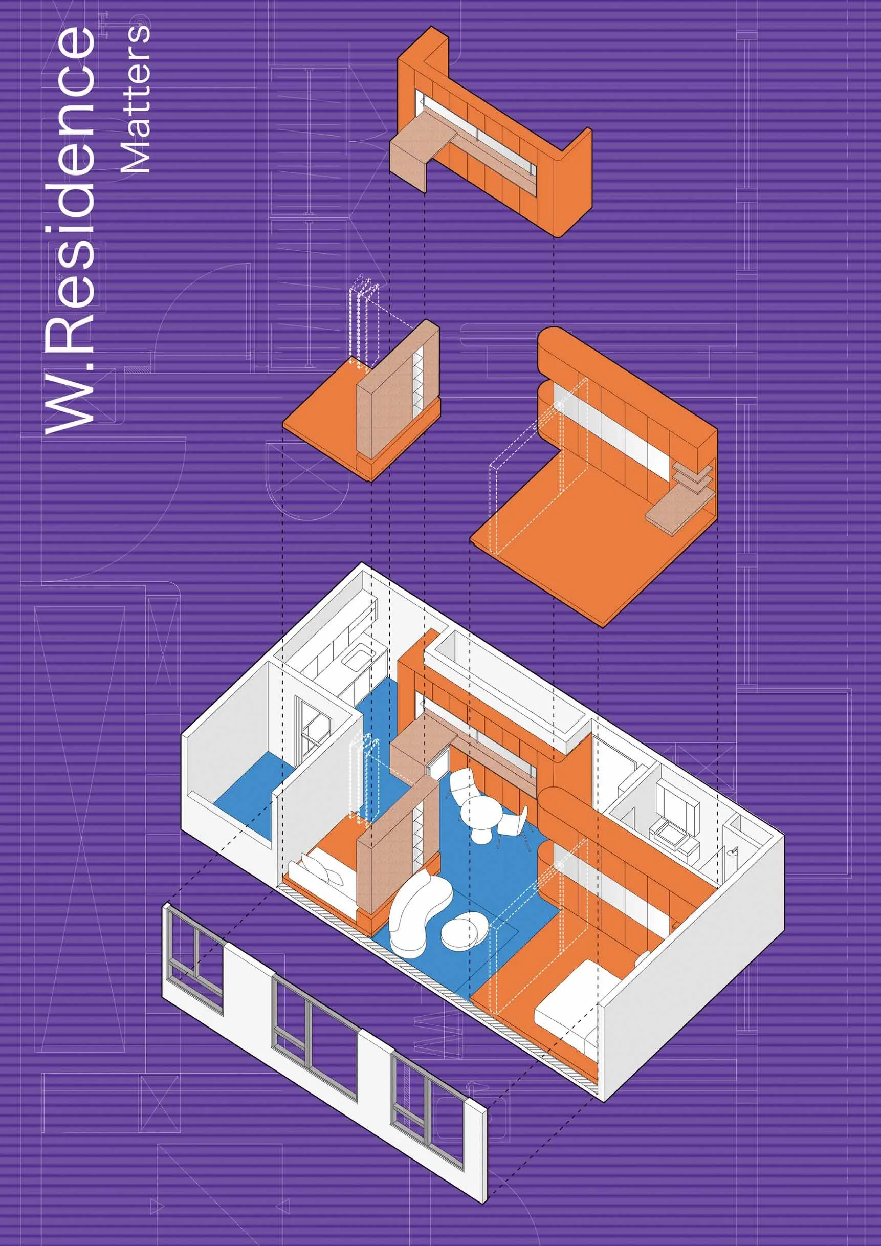 An isometric view of a modern living room with orange furniture and a blue rug.