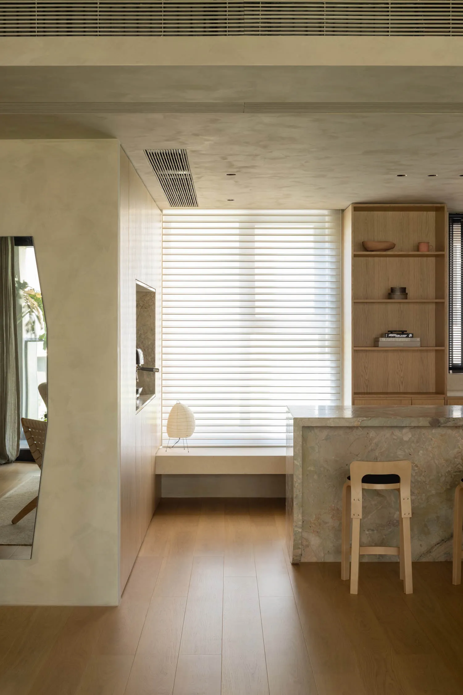 Modern kitchen featuring a stylish marble countertop.