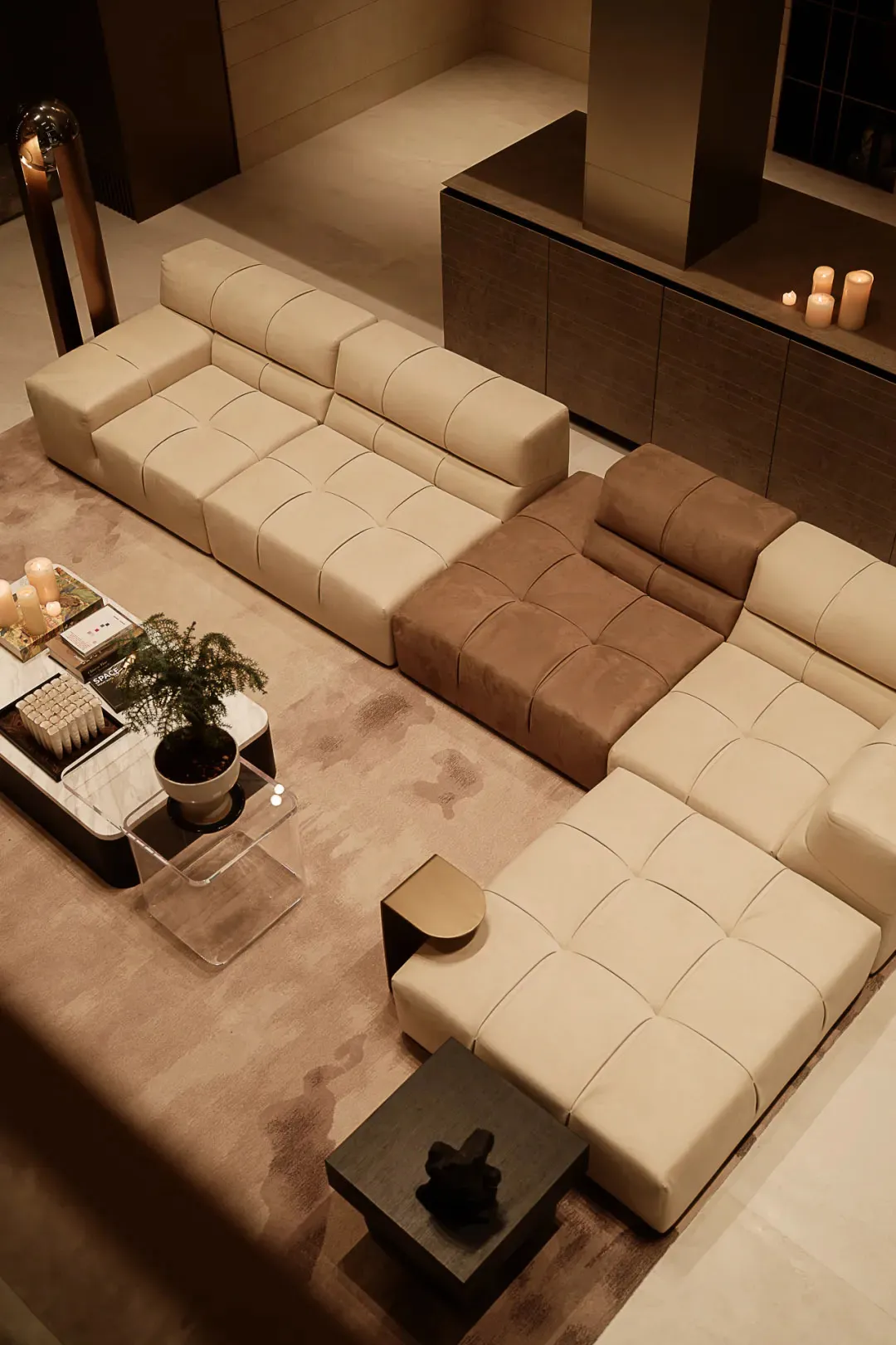 High-end living room with leather cushions and plush seating