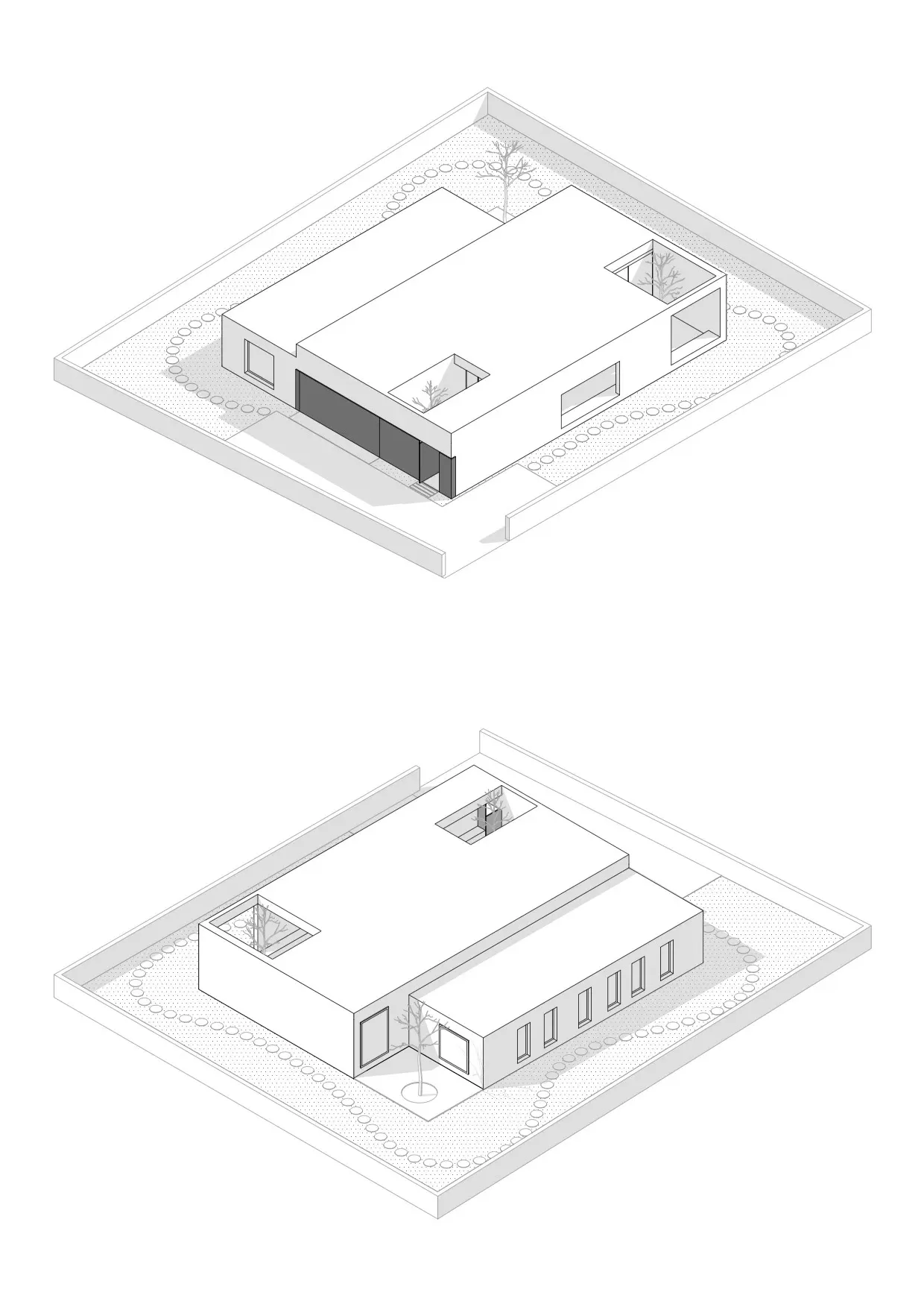 Isometric architectural drawing of a modern house with industrial and minimalist design features.
