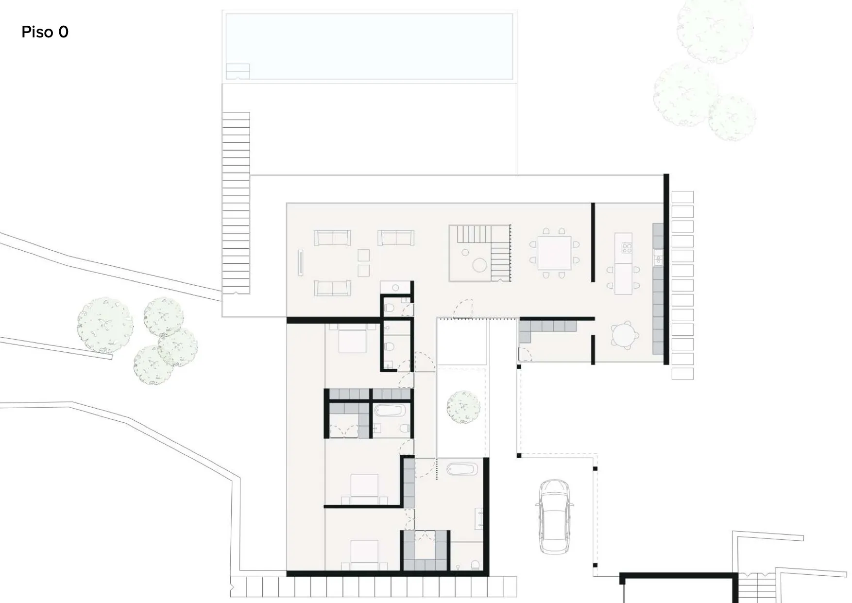A modern residential floor plan with minimalist design features, showcasing contemporary architectural elements.