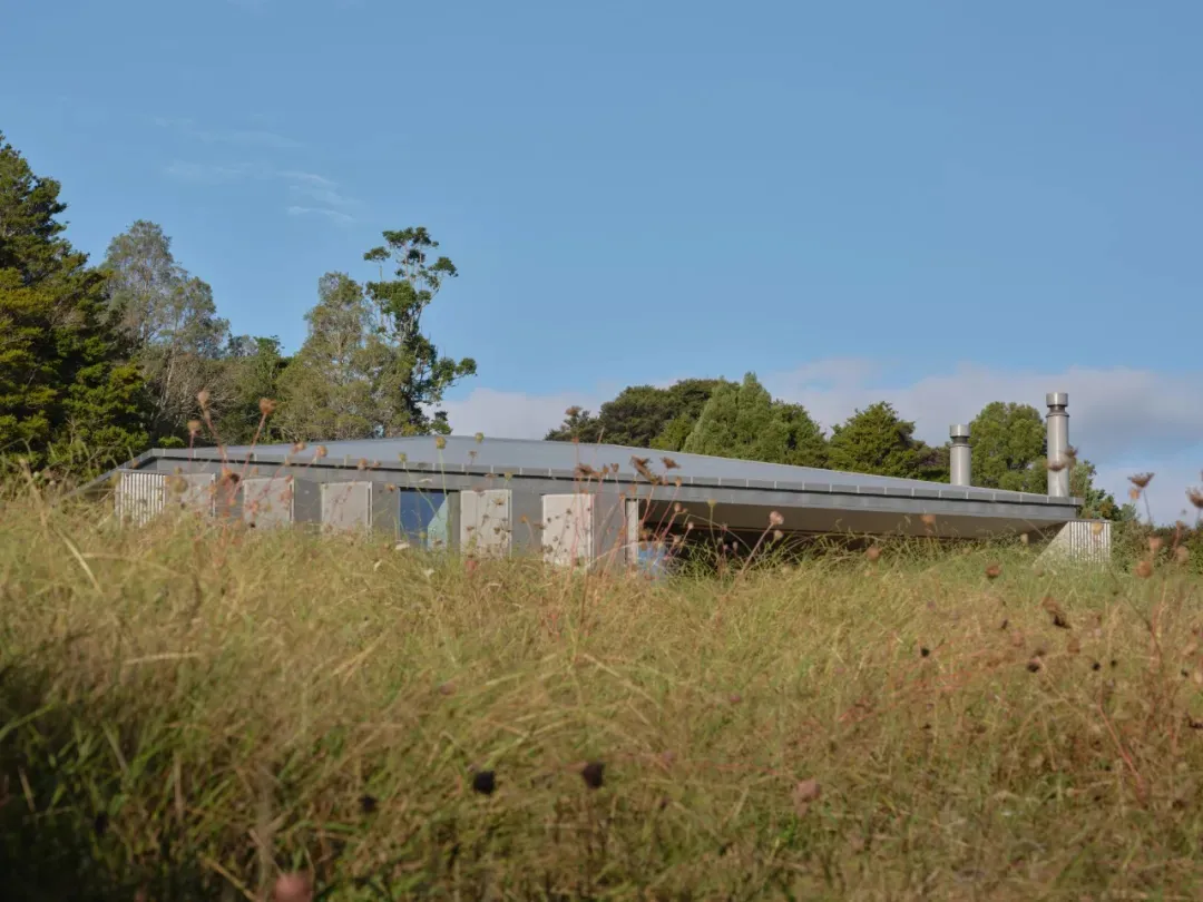A modern flat-roof residential house situated in a field surrounded by greenery and trees.