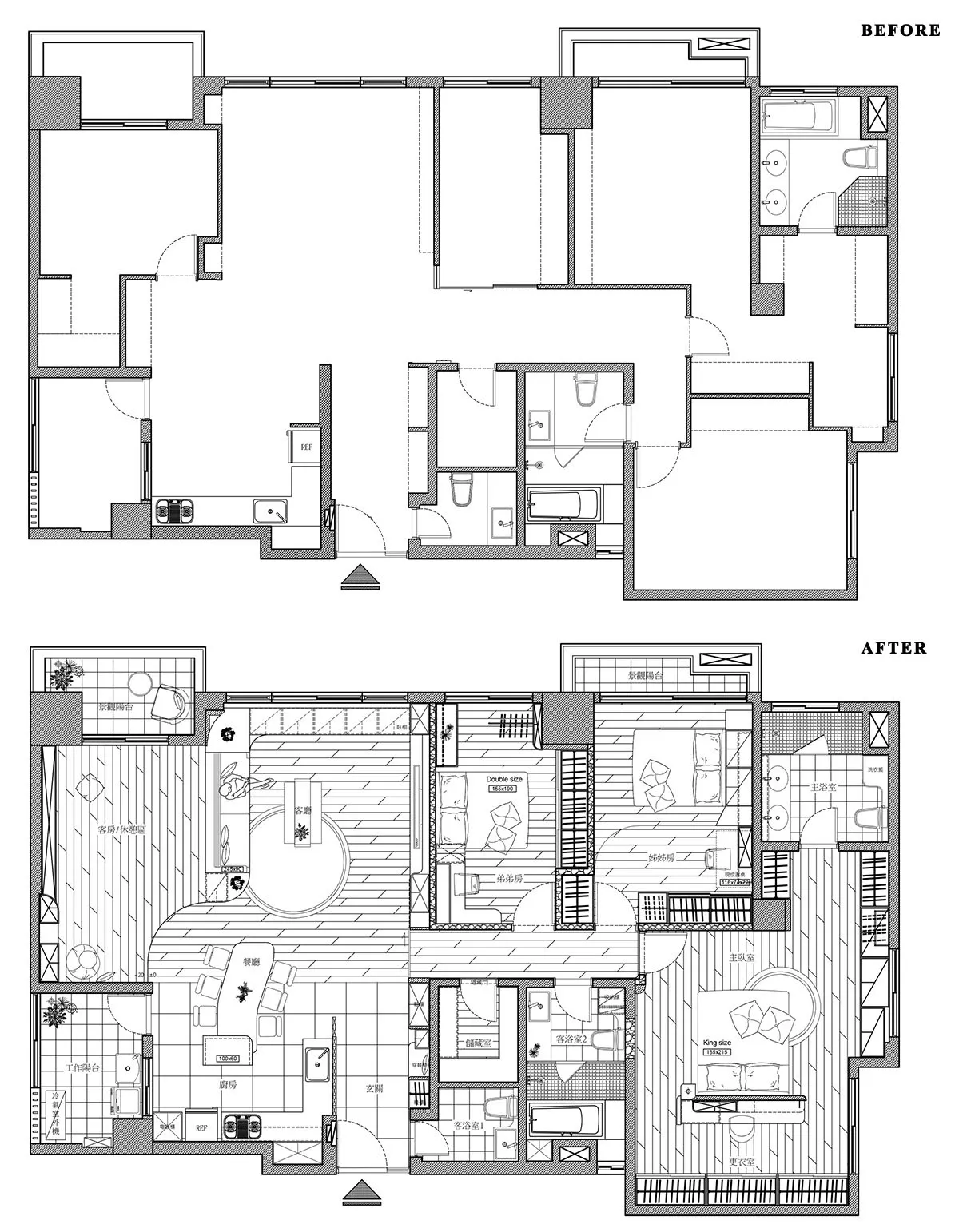 A comparative blueprint before and after a re-design of a residential interior space.