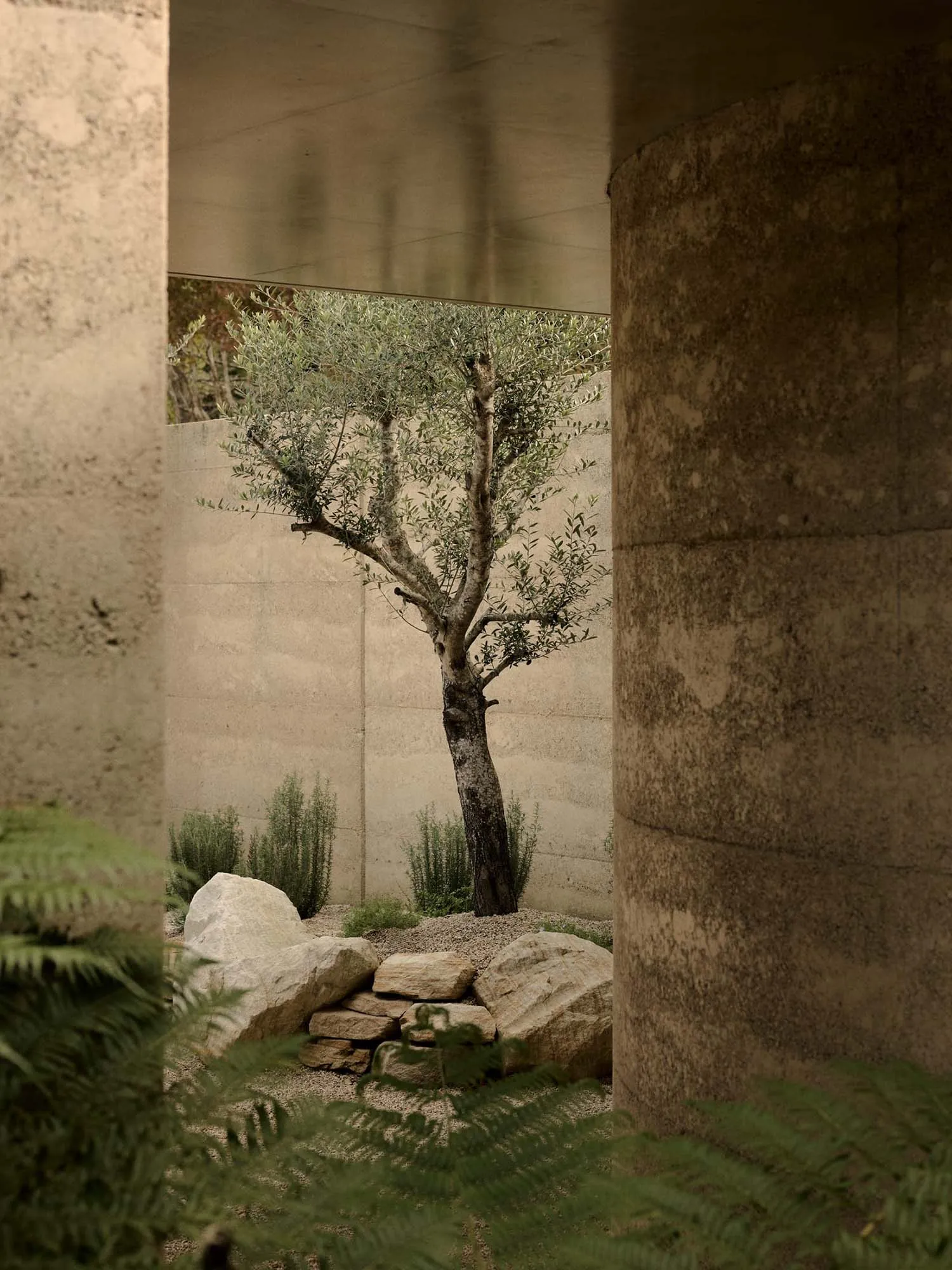 A minimalist landscape featuring a tree surrounded by concrete columns and rocks.
