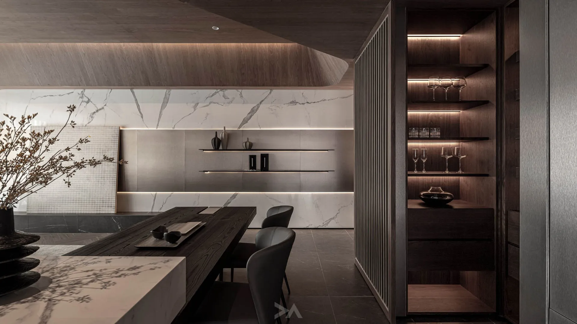 A modern dating room featuring marble walls and wooden elements.