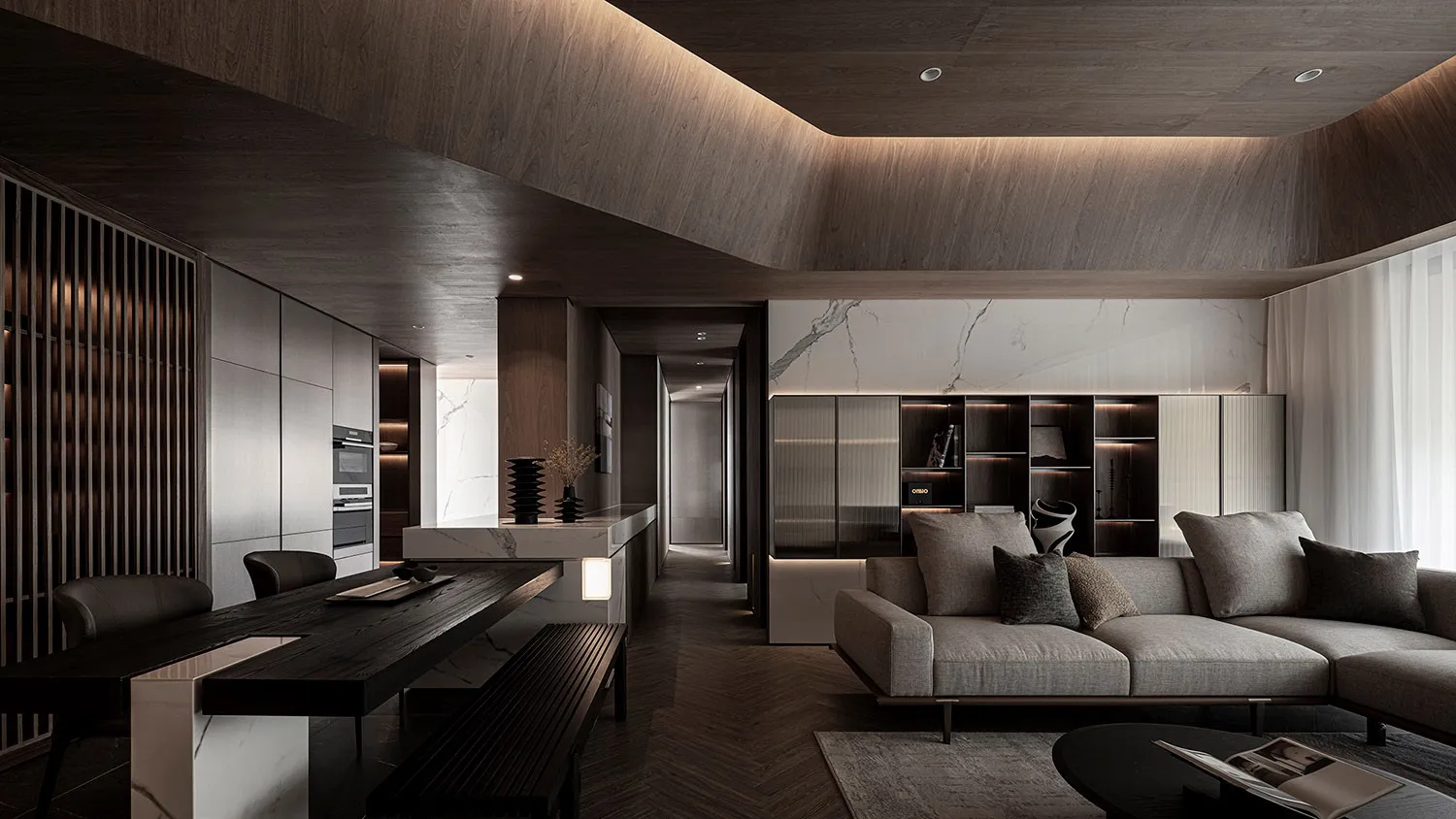 A modern living room featuring wooden furniture and marble accents