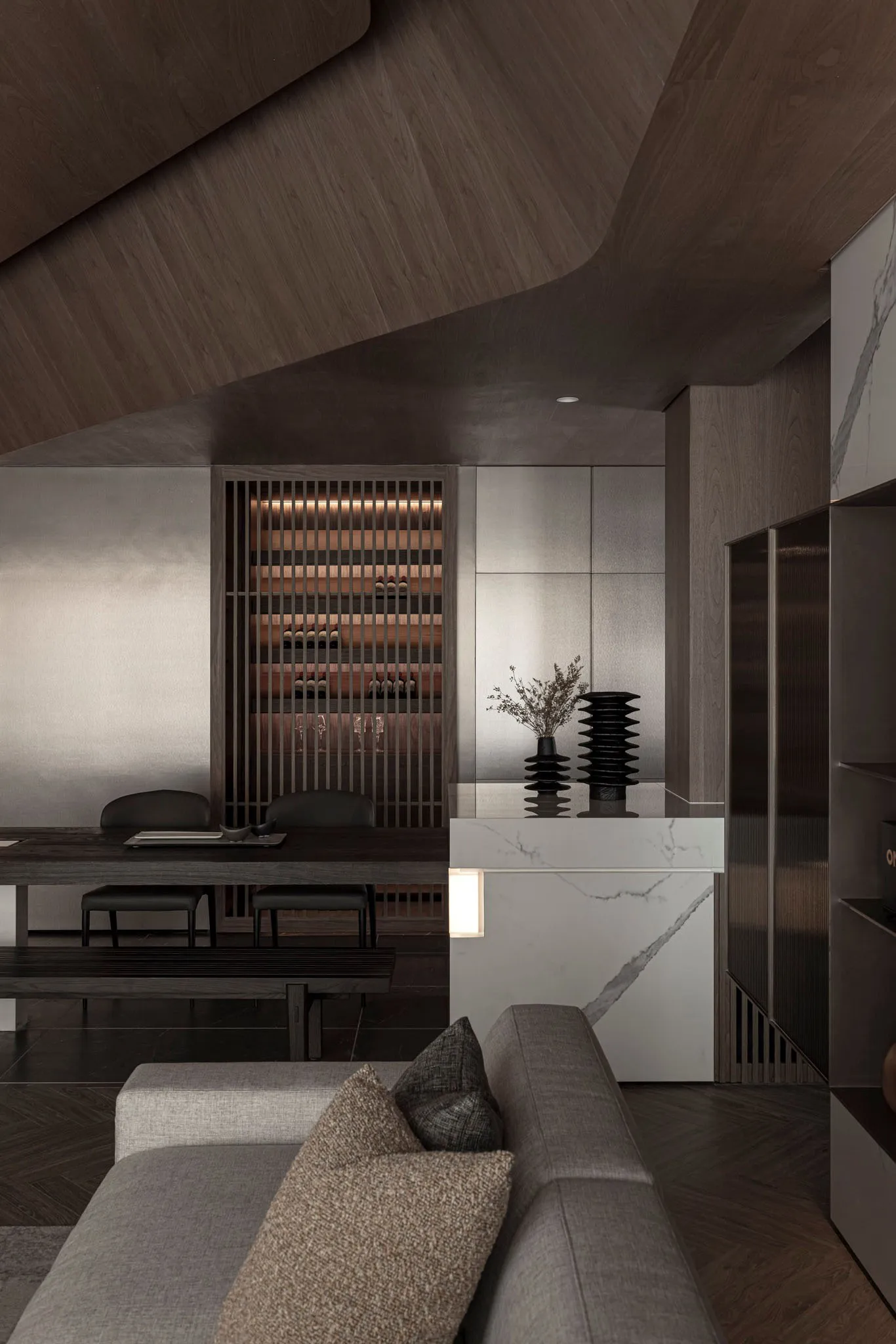 Contemporary residential interior featuring wood, marble, and metal materials.