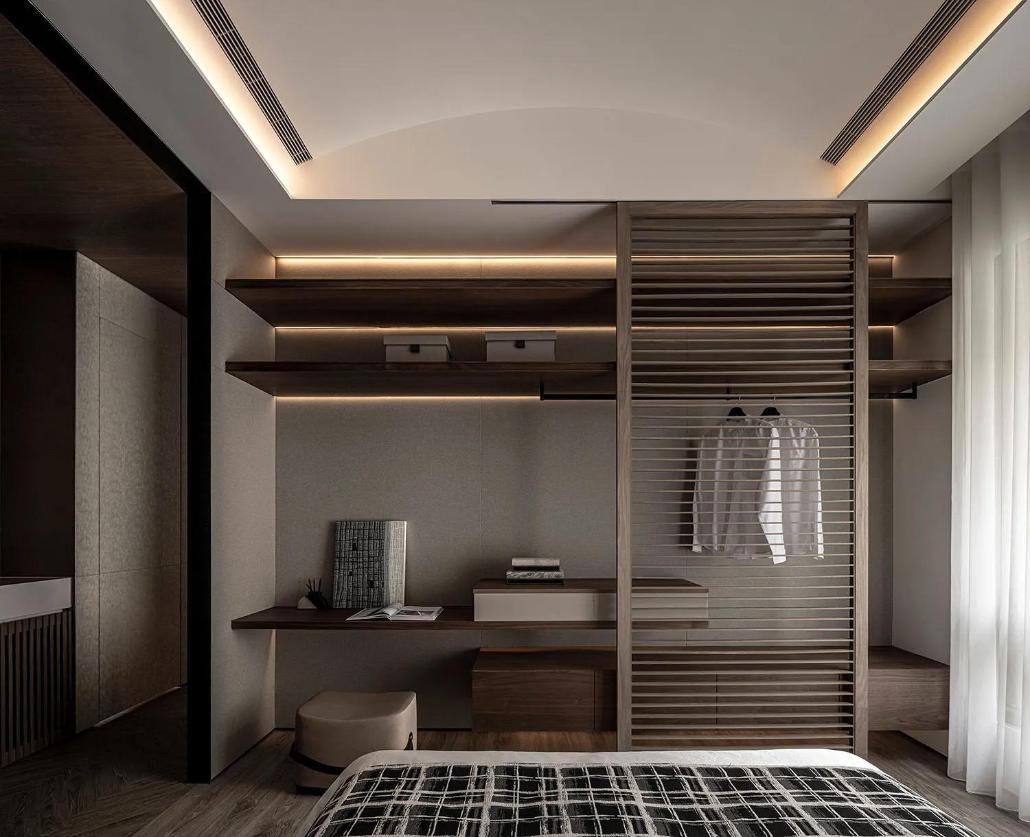 Modern bedroom featuring a wooden bed and wardrobe with integrated shelves and lighting.