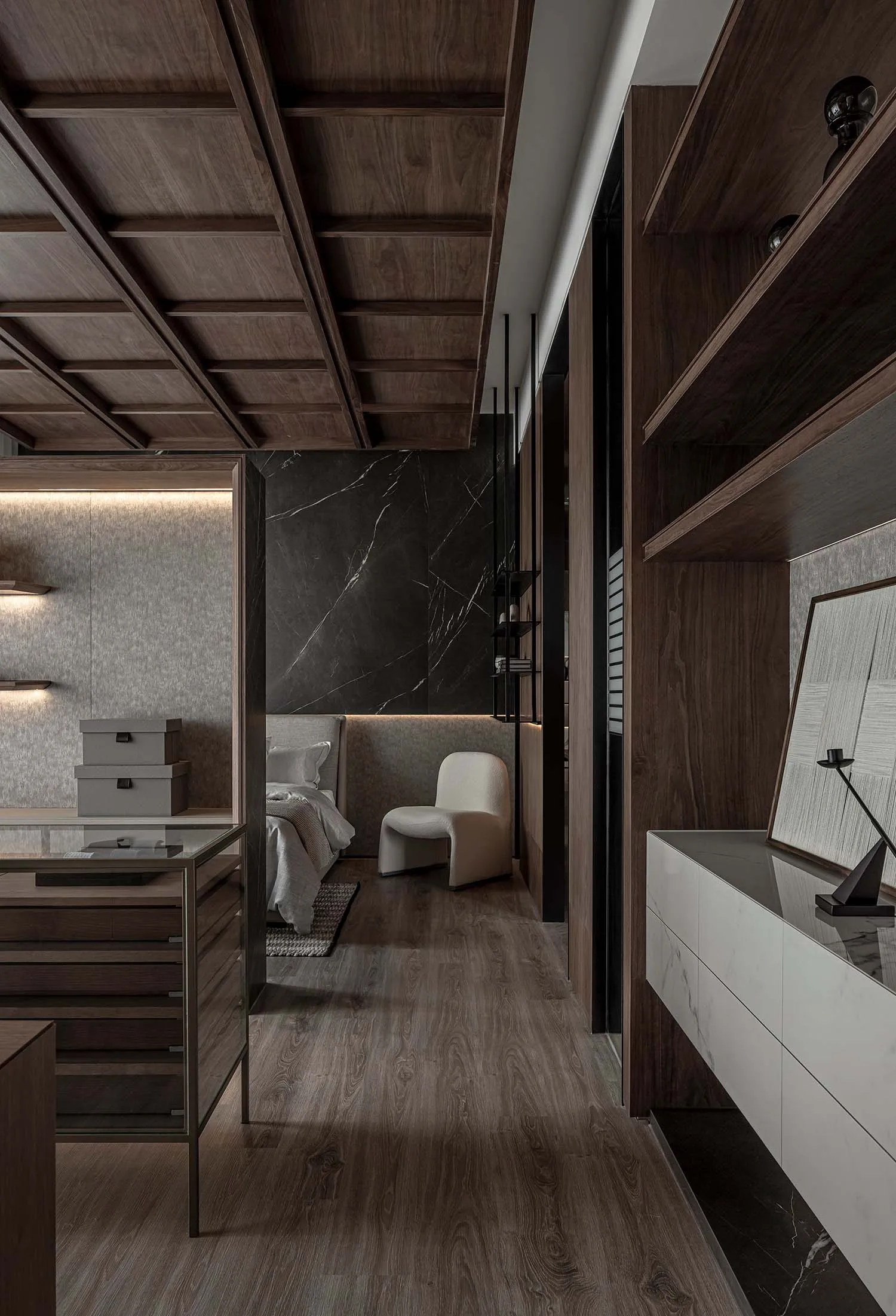 A modern closet interior featuring gray marble and wood