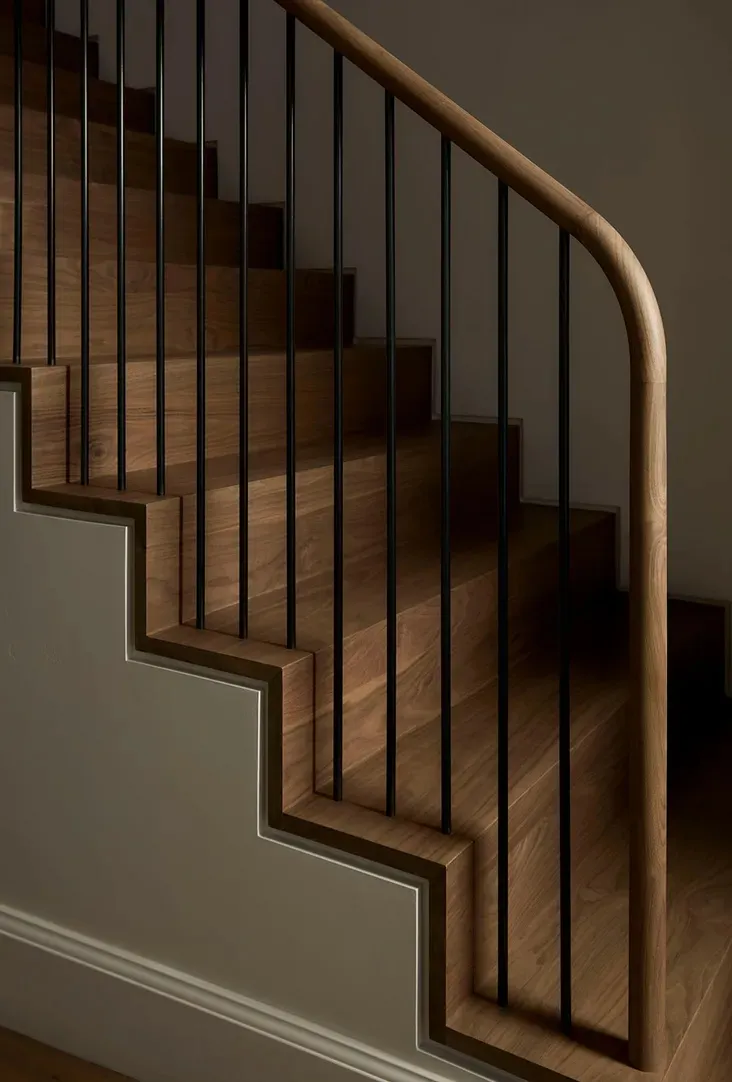 Modern interior staircase with wooden steps and steel railings