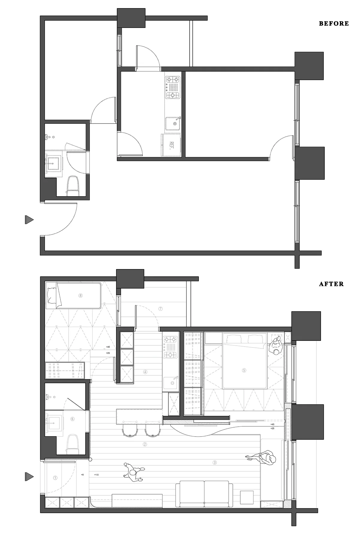 Floor plans depicting architectural layout of a living space.