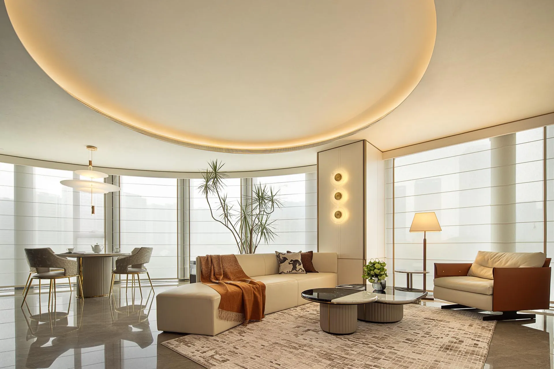 Luminous living room adorned with minimalist furnishings, featuring terrazzo flooring, sleek furniture, and contemporary ligh