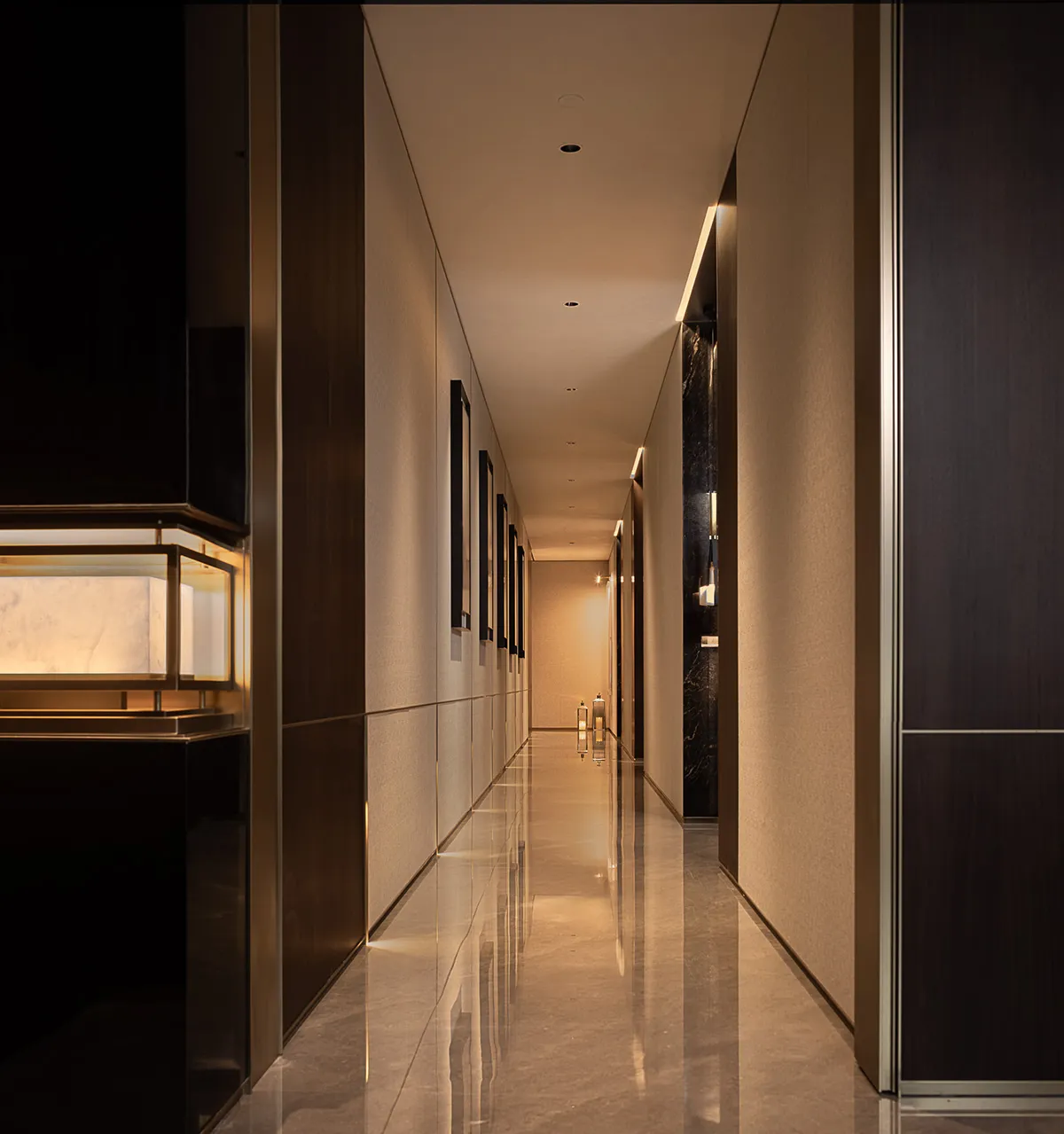 Modern residential corridor featuring shiny marble flooring and minimalistic decor elements.