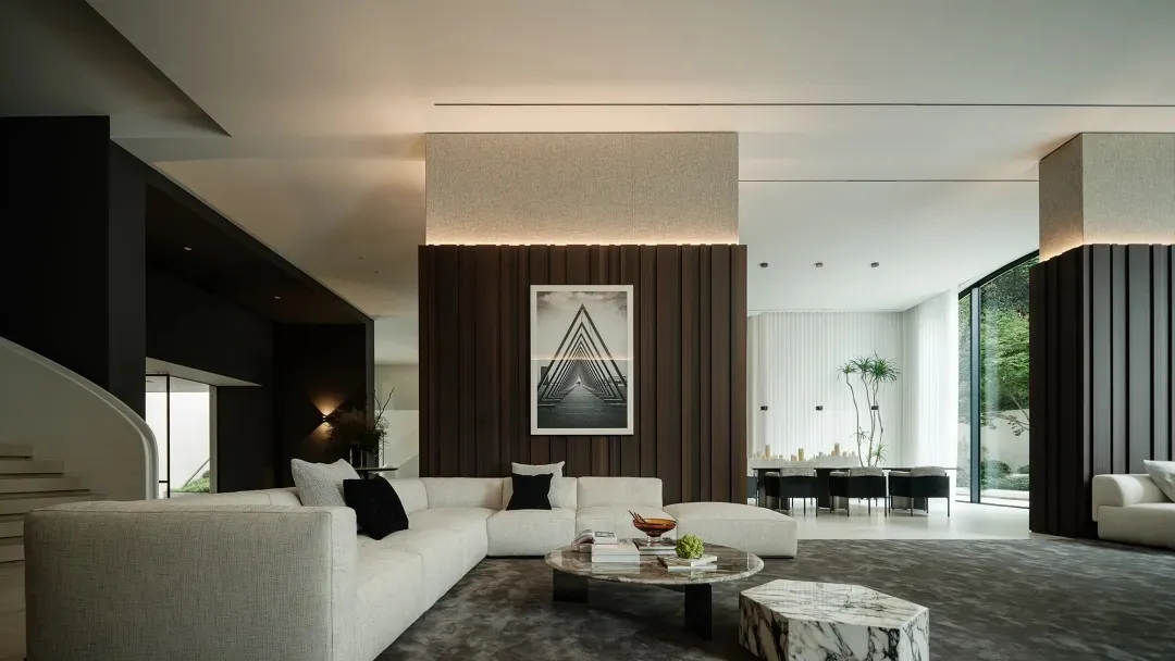 Minimalist living room featuring marble flooring and minimalist furniture.