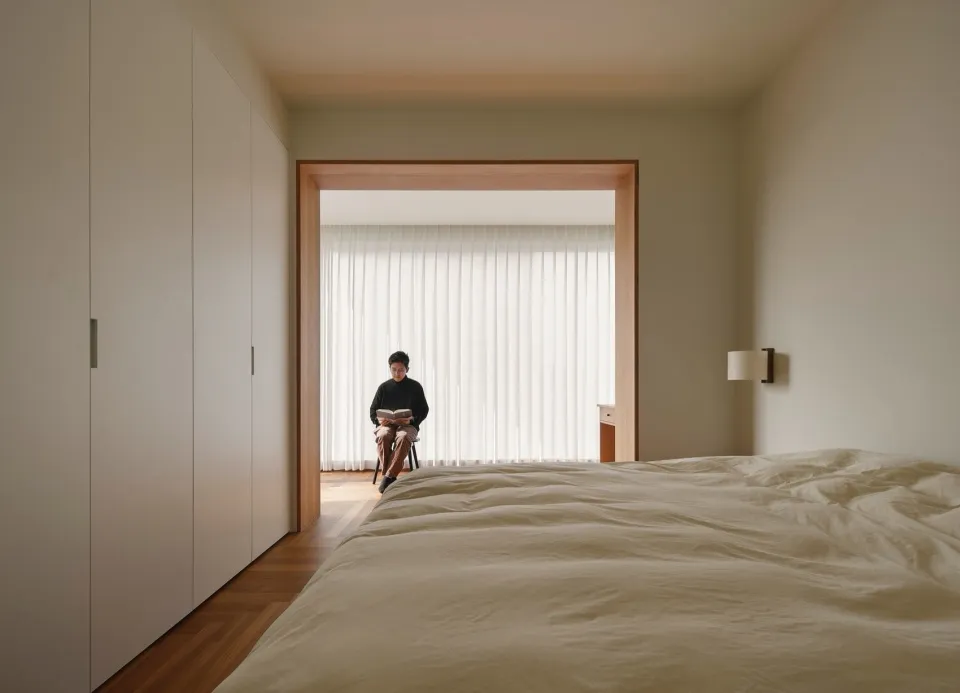 A minimalist bedroom with white textured fabric and wooden floor.