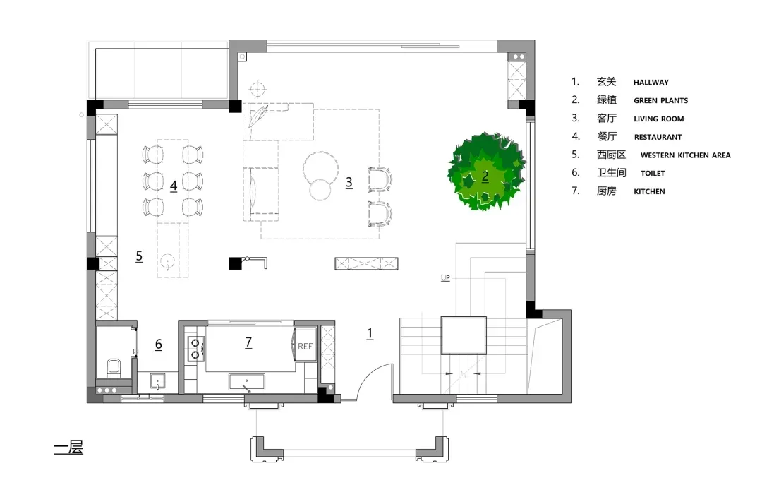 Modern living space layout with kitchen, dining, and living areas.