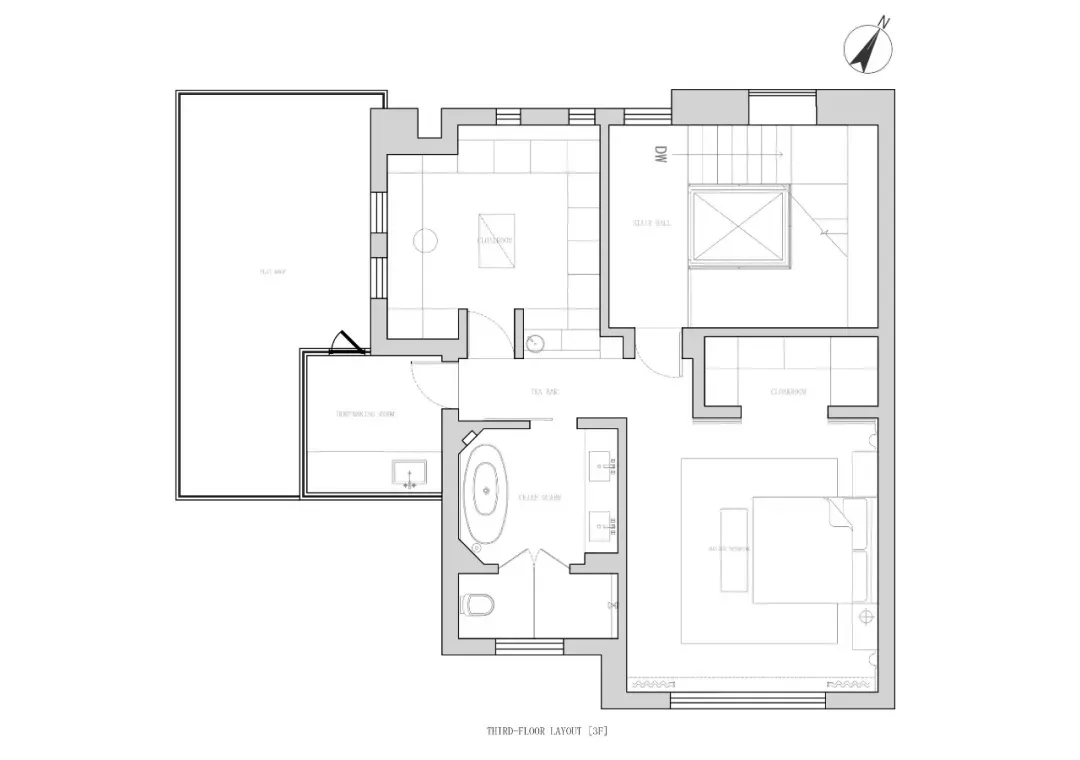 Architectural floor plan of a third-floor layout, including a dining room, living room, bedroom, bathroom, and closet.