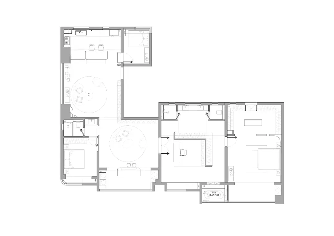 Modern residential floor plan showing living room, bedrooms, kitchen, and bathroom.