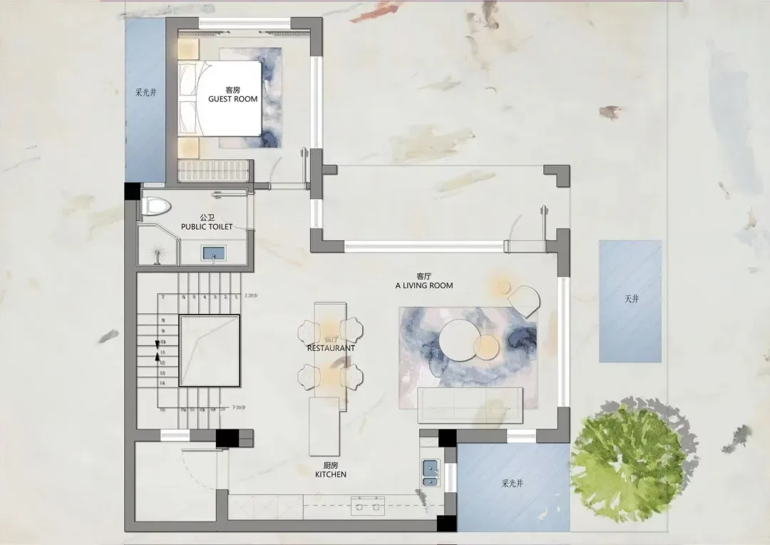 A modern interior design layout featuring a living room with a dining area, kitchen, and bathroom.