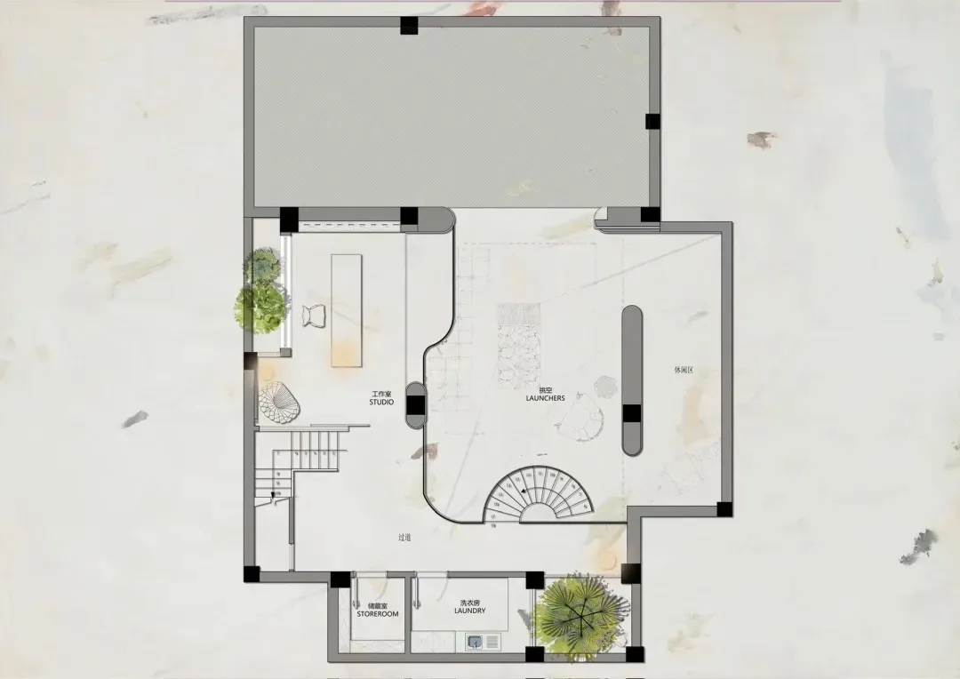 A detailed architectural blueprint of a modern workspace featuring tiled flooring and glass partitions.