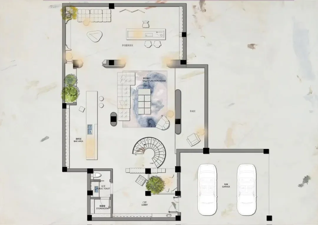 Modern home layout featuring an open space with marble finishes and a cozy living area.