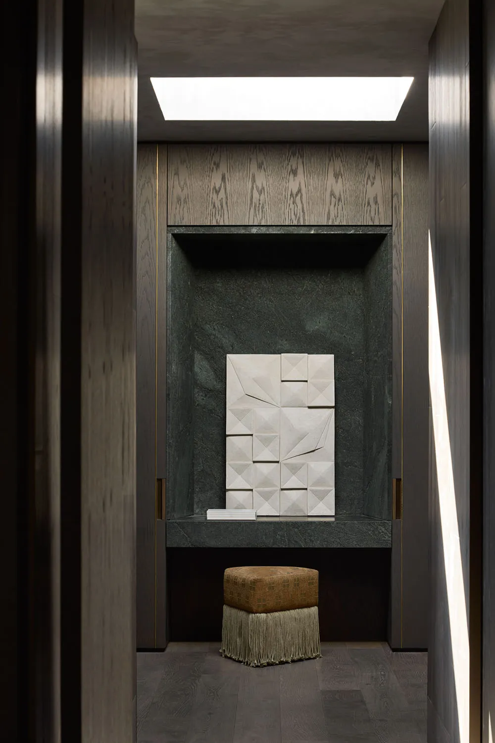 A modern office space featuring metallic decor elements.