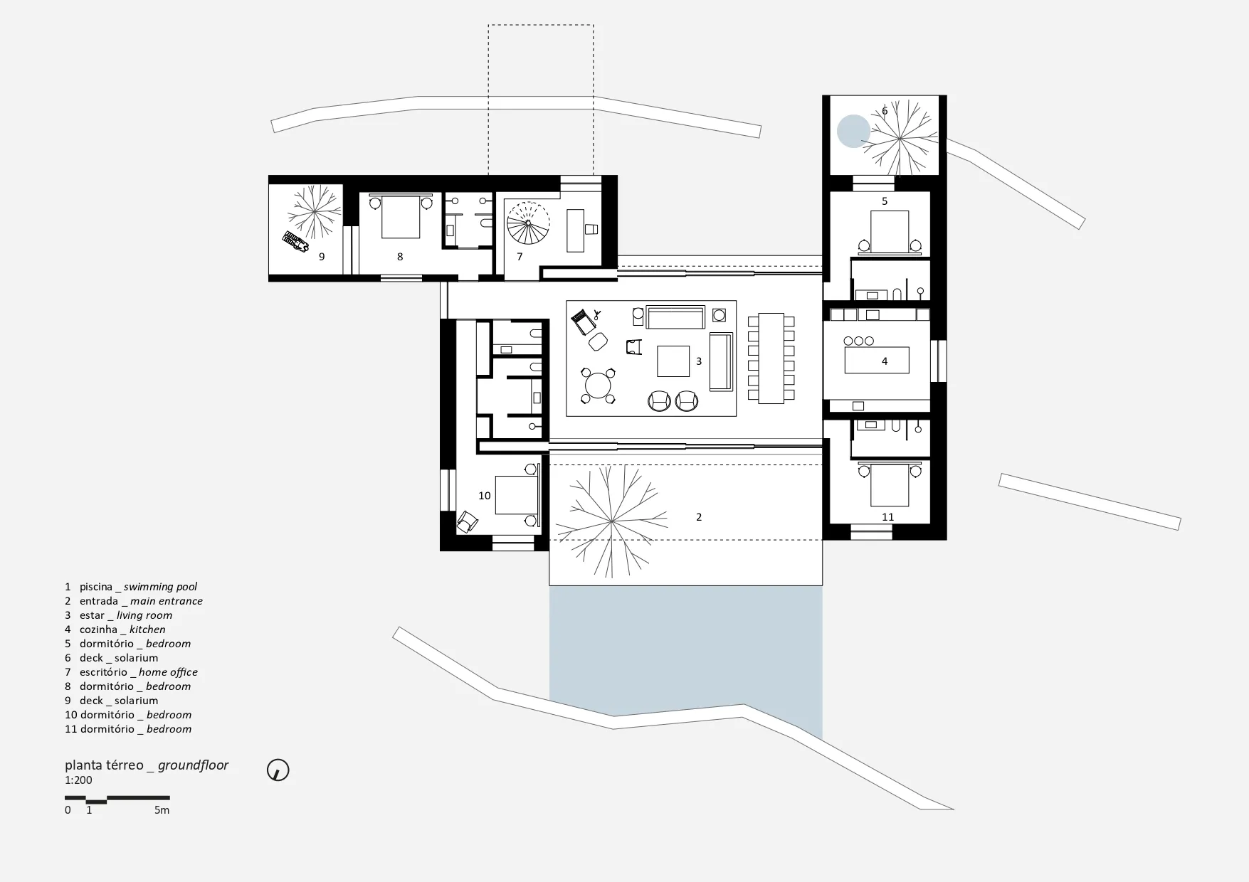 Floor plan of a modern residential architecture with concrete and glass materials.