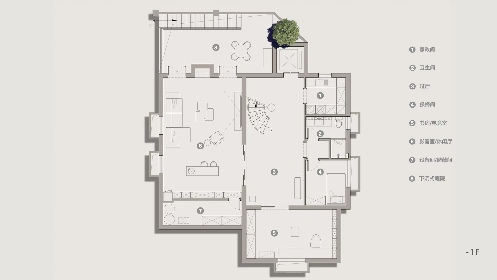 A modern residential floor plan showcasing a neutral color palette and neutral materials.