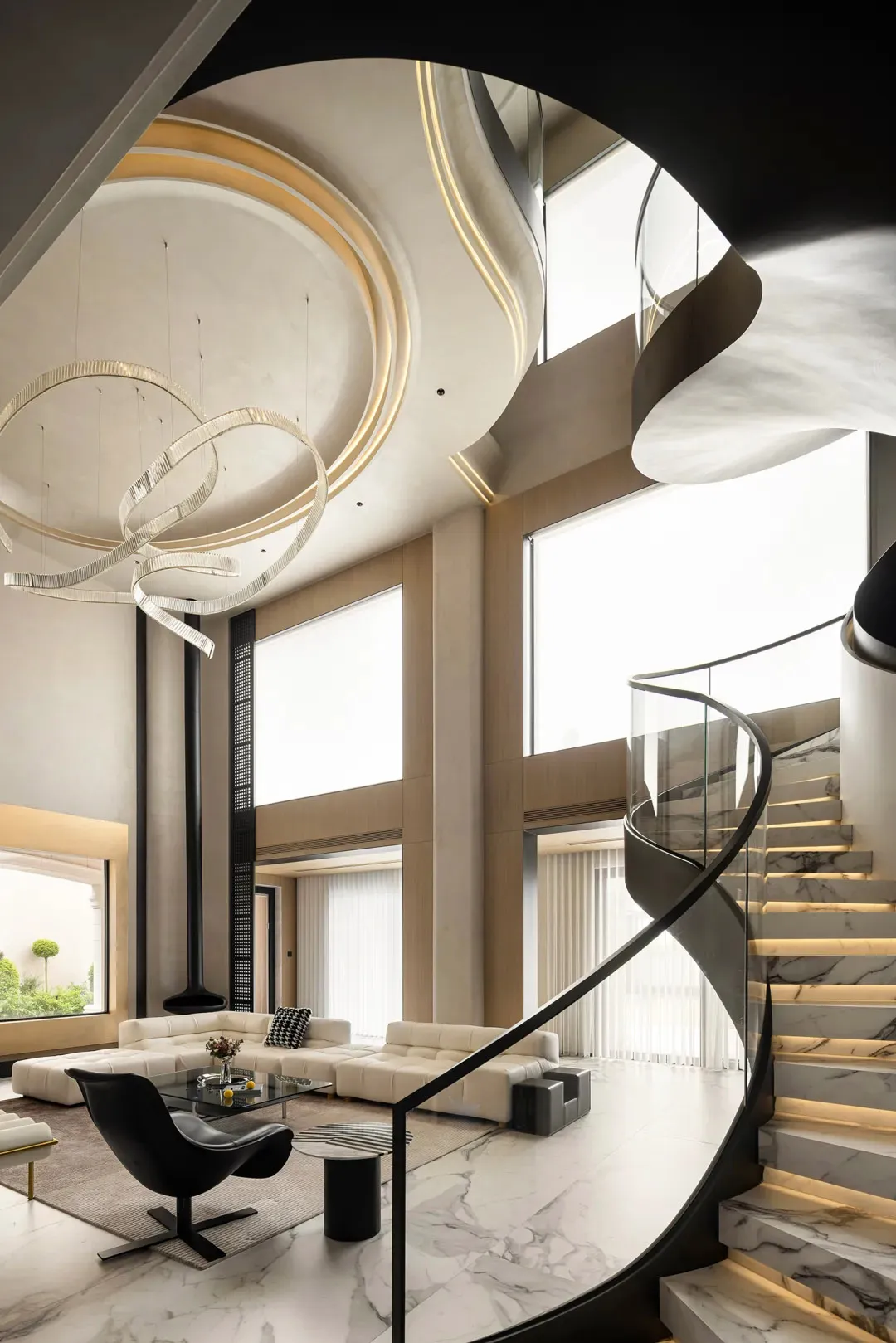 A luxurious, modern living room with marble finishes, geometric lighting, and minimalist furniture.